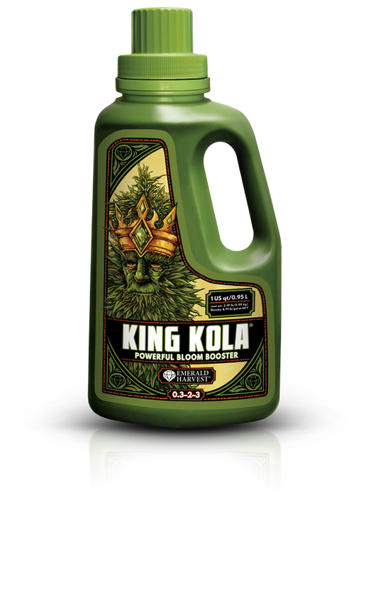 Green bottle of King Kola fertilizer on a white background