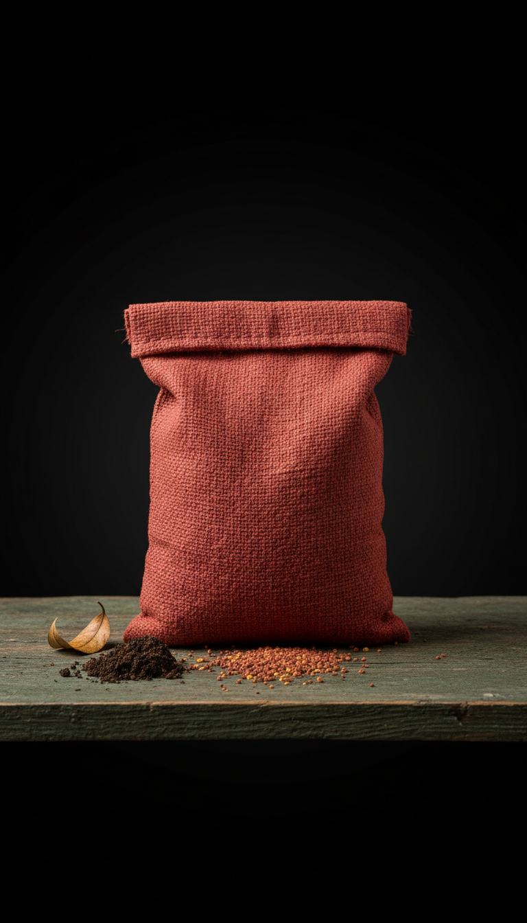Brick red granular fertilizer pouch