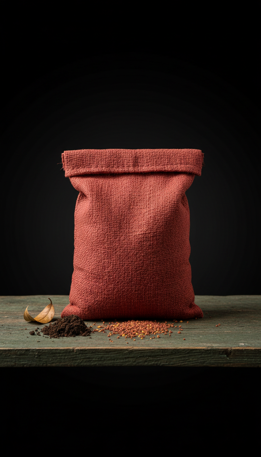 Brick red granular fertilizer pouch