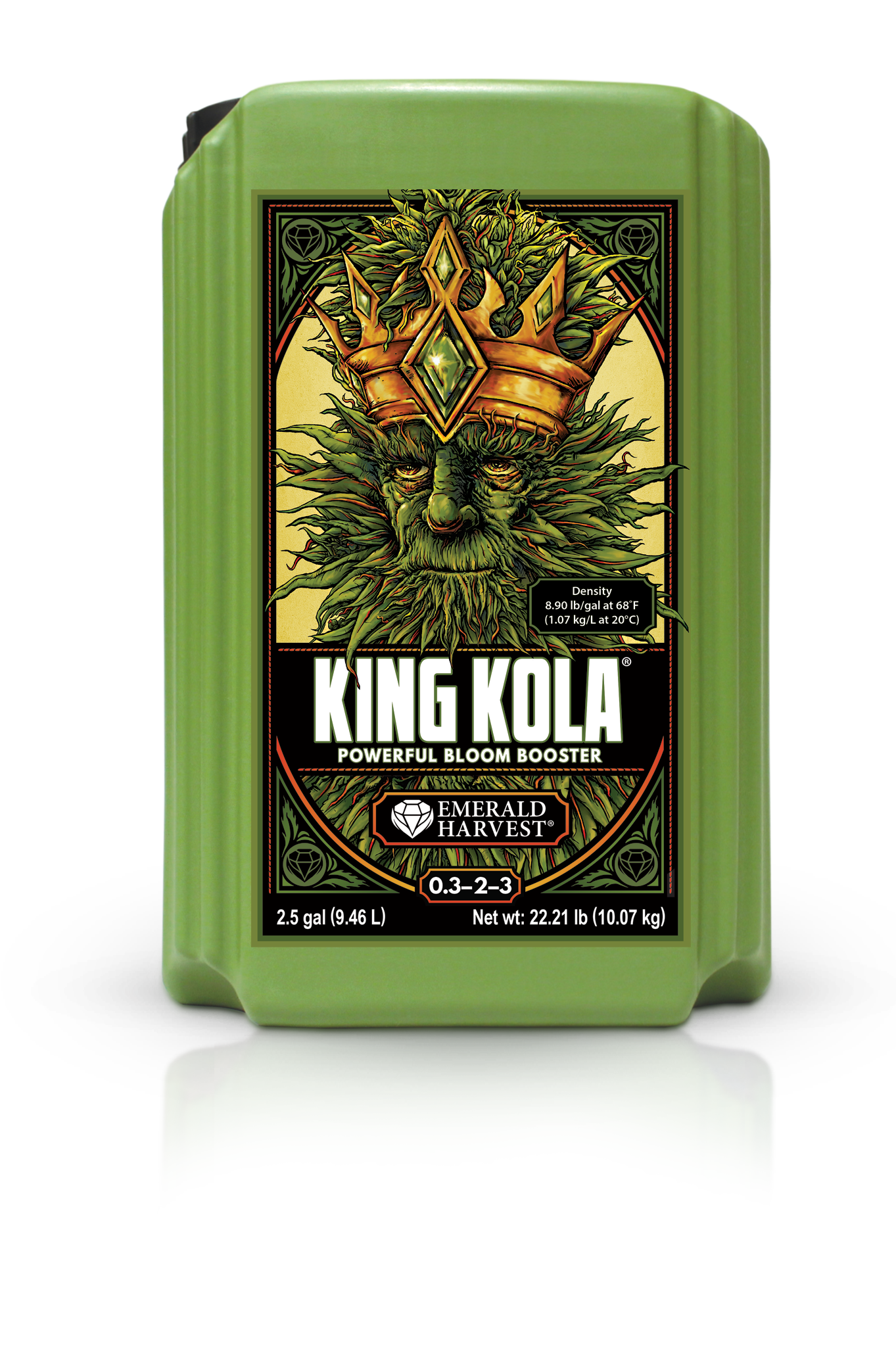 2.5 gallon container of King Kola fertilizer with a green face design on a white background