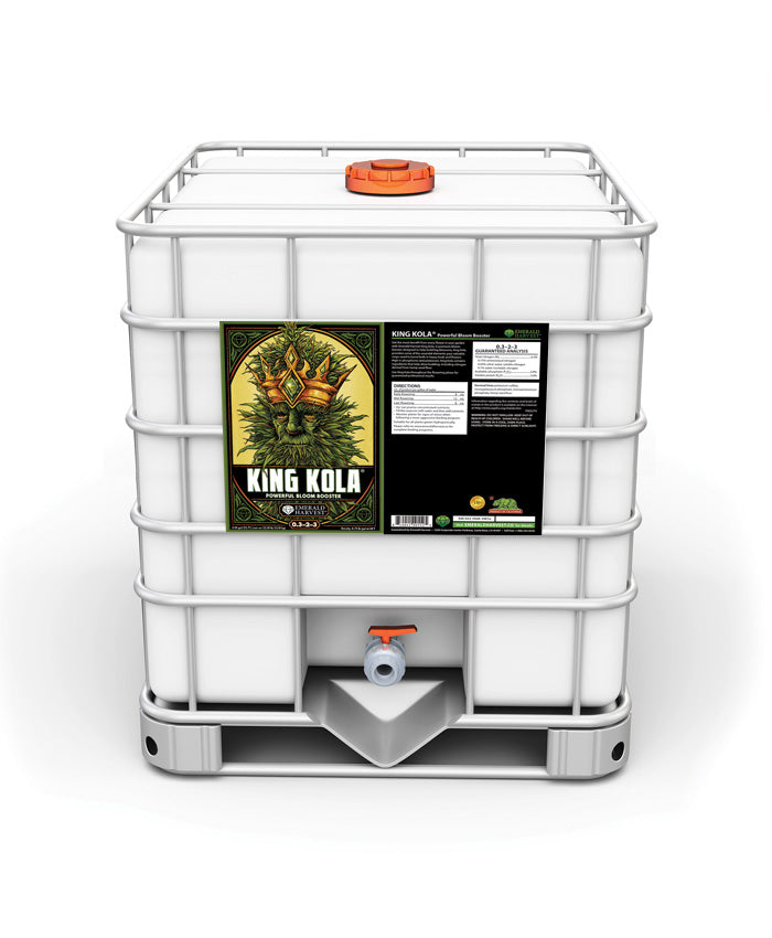 Commercial cultivation XL 270 gallon tote white container with King Kola label on a white background